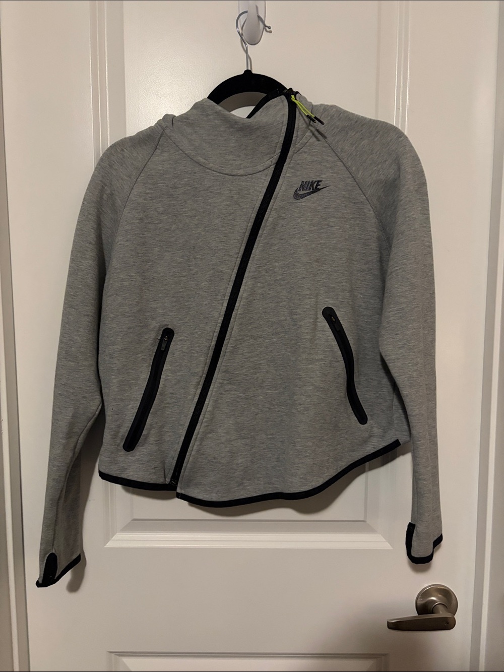 Nike Tech Fleece Grey Asymmetric Zip Bomber Jacket with Black Trim